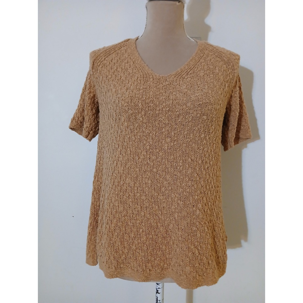 J. Jill  Small Tan Knit V-Neck Short Sleeve Sweater Pullover Cotton Textured